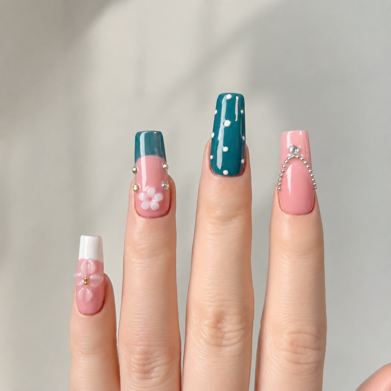 Handmade press on nails medium coffin nude pink base with blue polka dot accent 3D floral design-Coral Teal A071