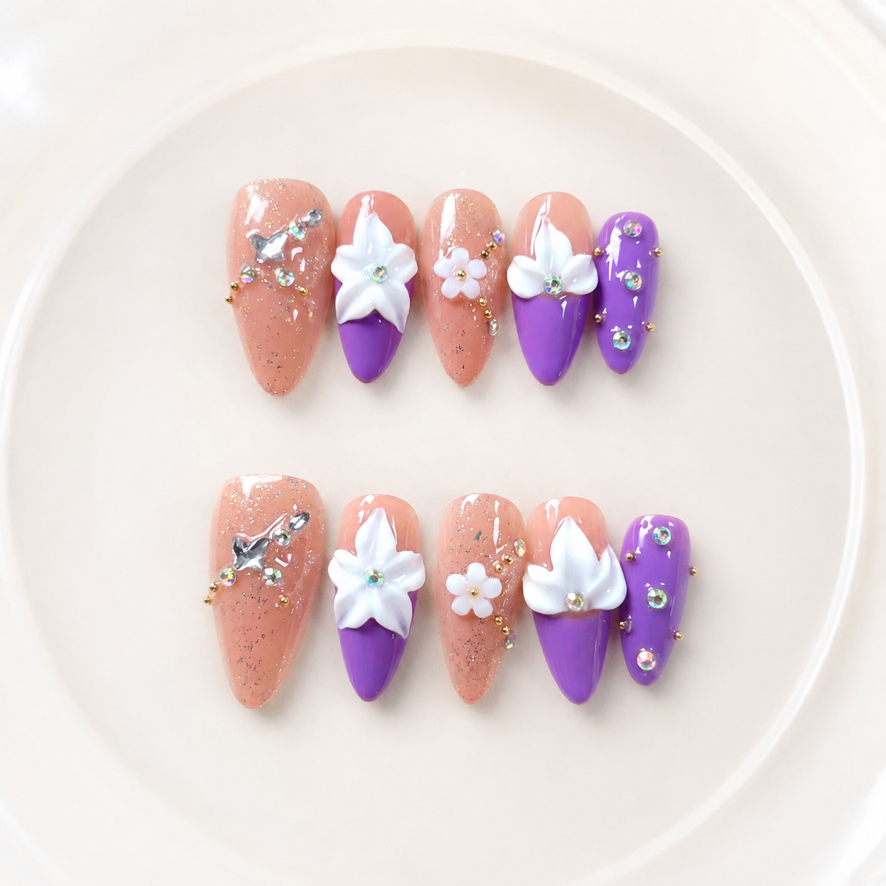 Handmade purple french tip 3D flower press on nails almond medium almond rhinestone nude set set-Soft Violet A066