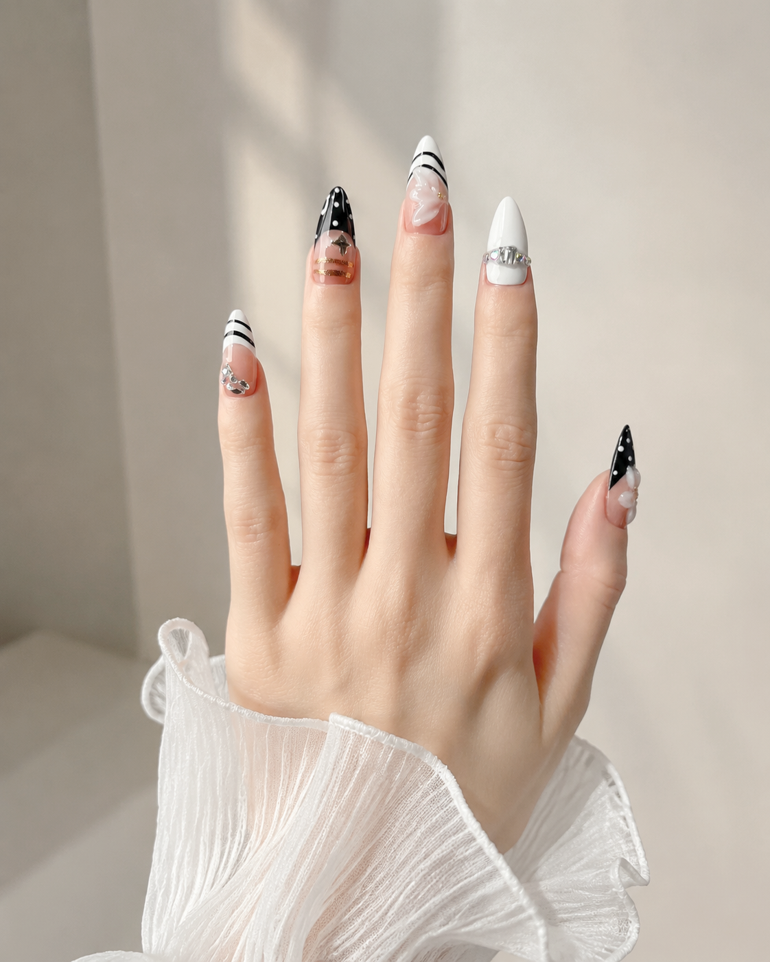 Handmade press on nails medium almond black & white french tip with polka dot accent 3D floral design gold detail & stripe line art-Soft Noir A068