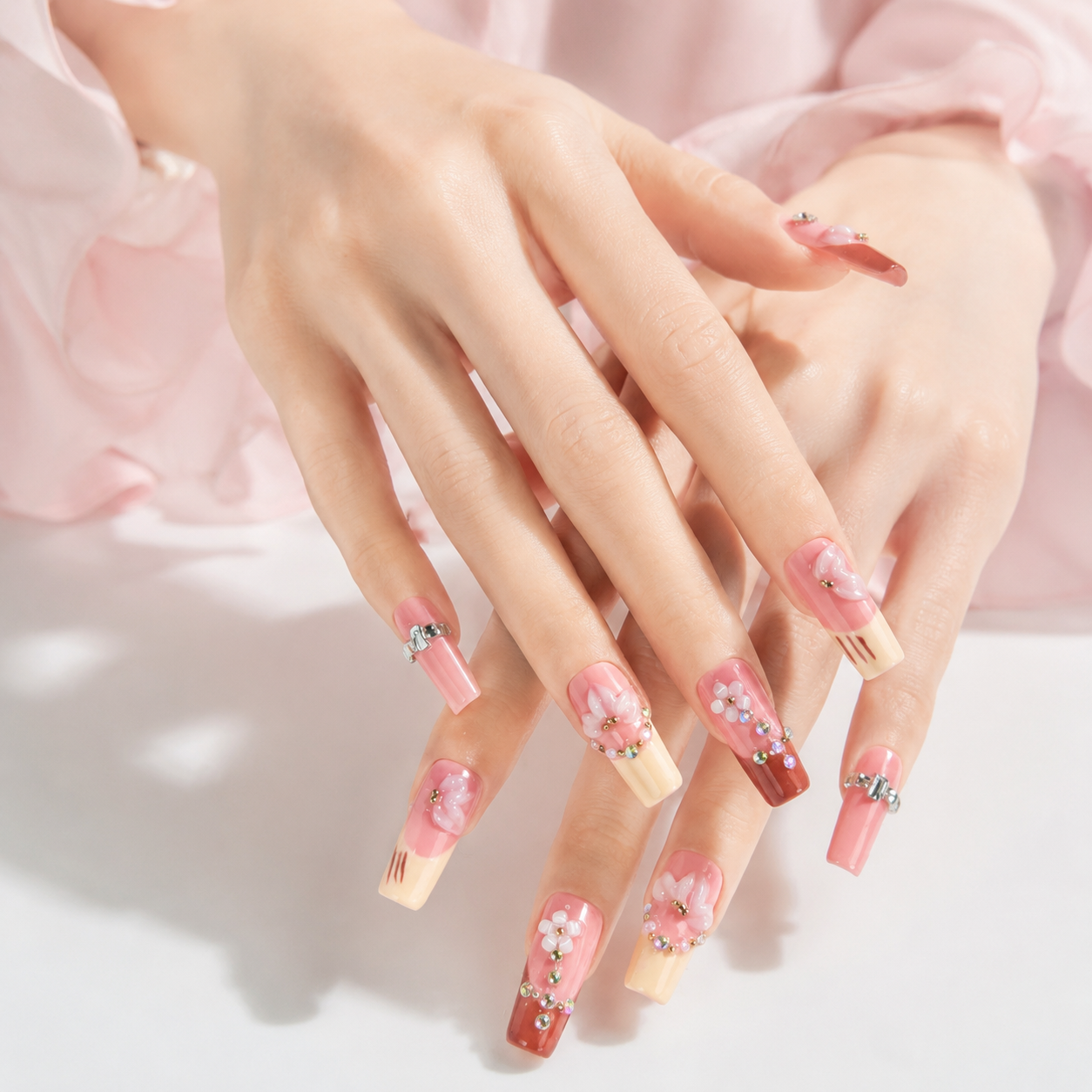 Handmade nude brown medium coffin press on nails french tip fake nails with 3D floral design autumn brown-Nude Blossom A070