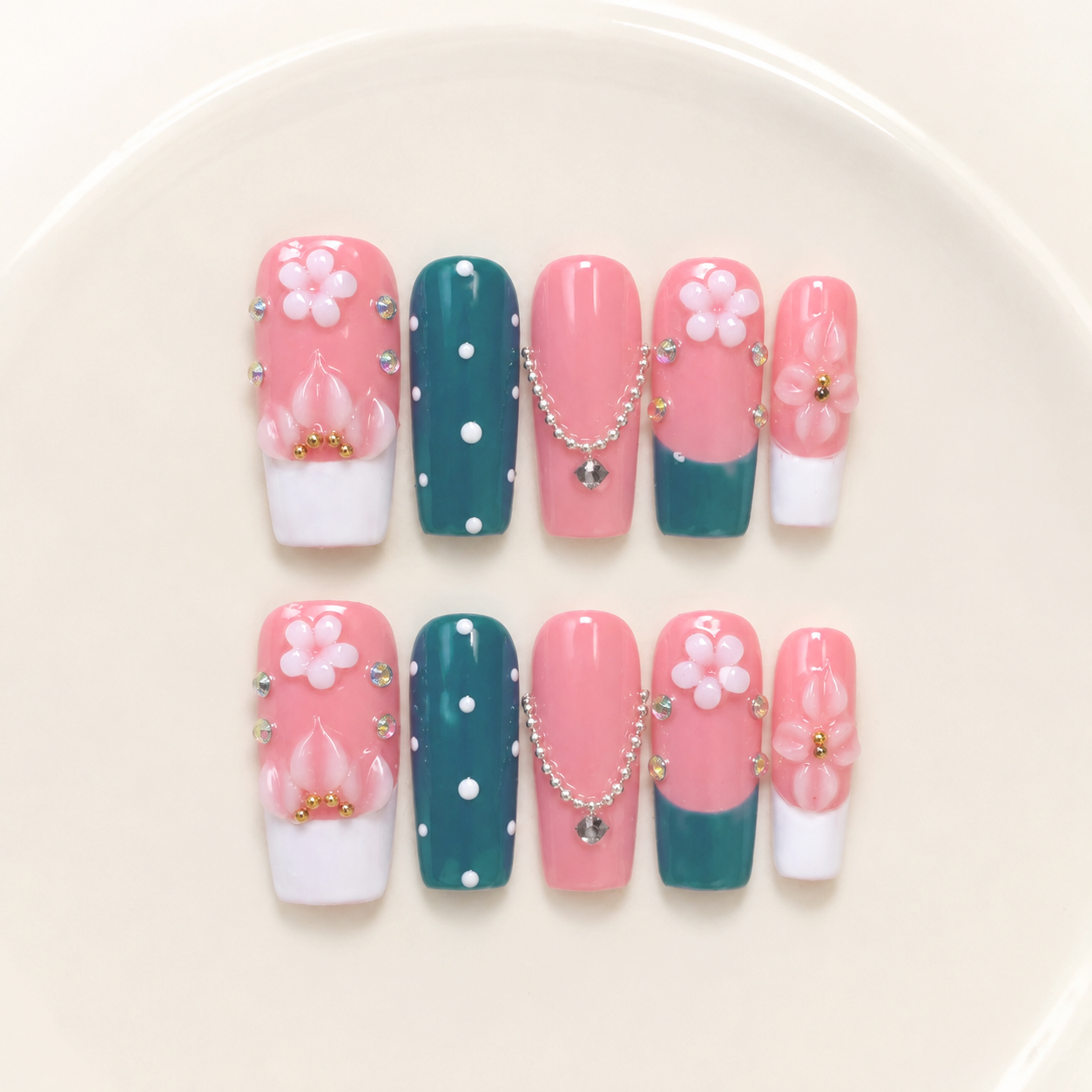 Handmade press on nails medium coffin nude pink base with blue polka dot accent 3D floral design-Coral Teal A071