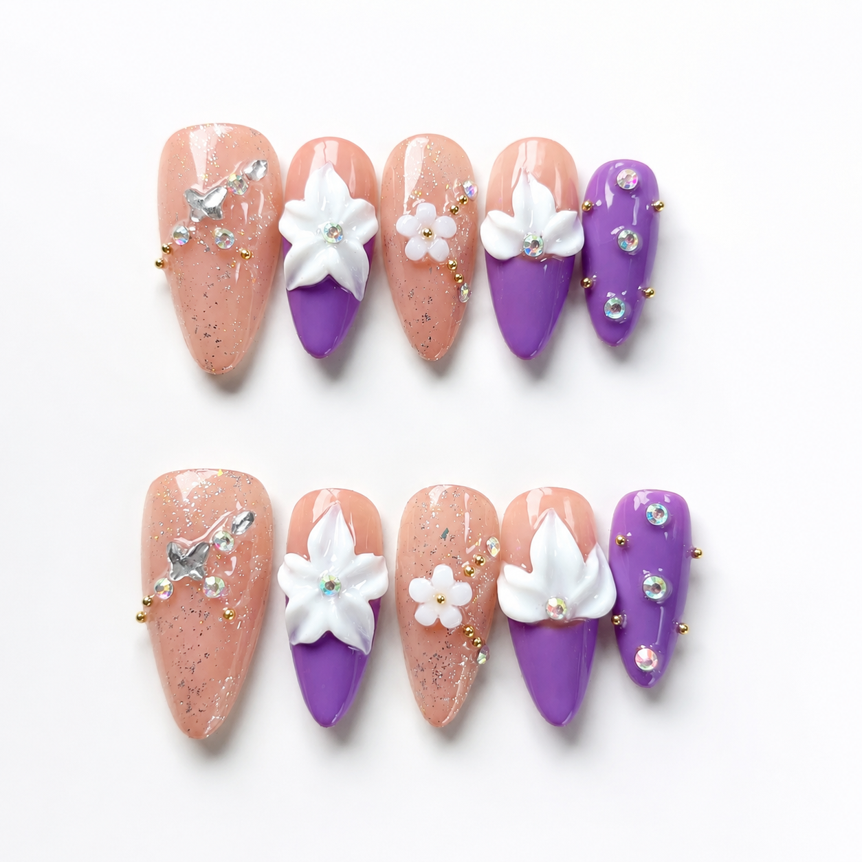 Handmade purple french tip 3D flower press on nails almond medium almond rhinestone nude set set-Soft Violet A066