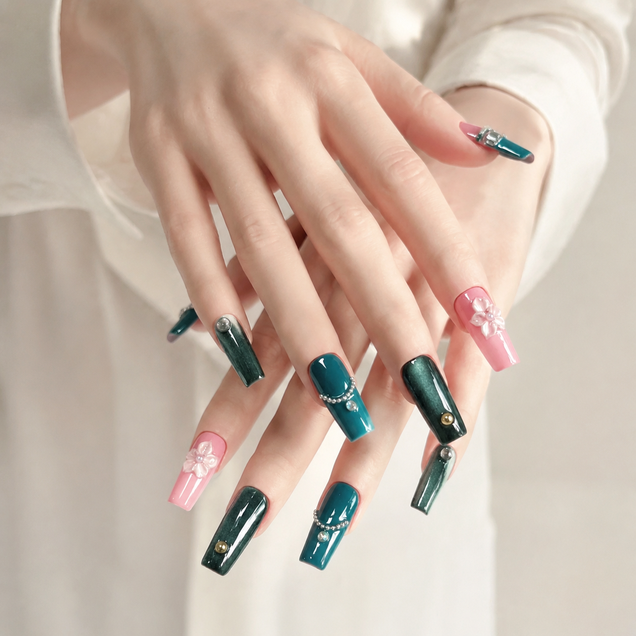 Handmade nails medium coffin nude base with deep emerald green cat eye french tip 3D floral design chain detail-Coral Teal A073