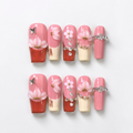 Handmade nude brown medium coffin press on nails french tip fake nails with 3D floral design autumn brown-Nude Blossom A070