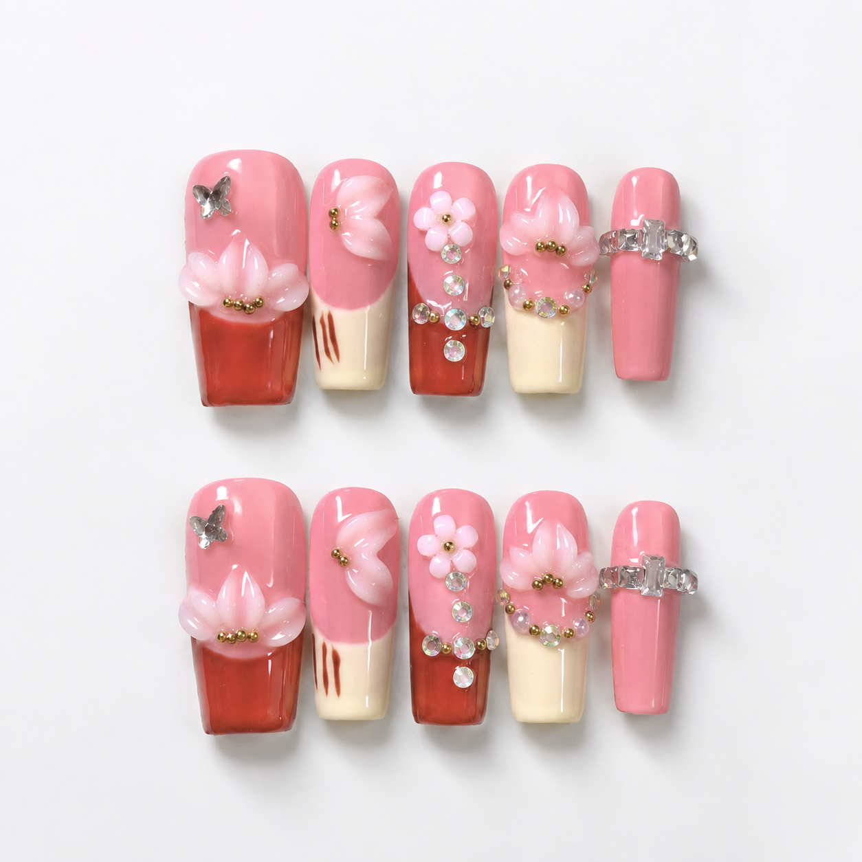 Handmade nude brown medium coffin press on nails french tip fake nails with 3D floral design autumn brown-Nude Blossom A070