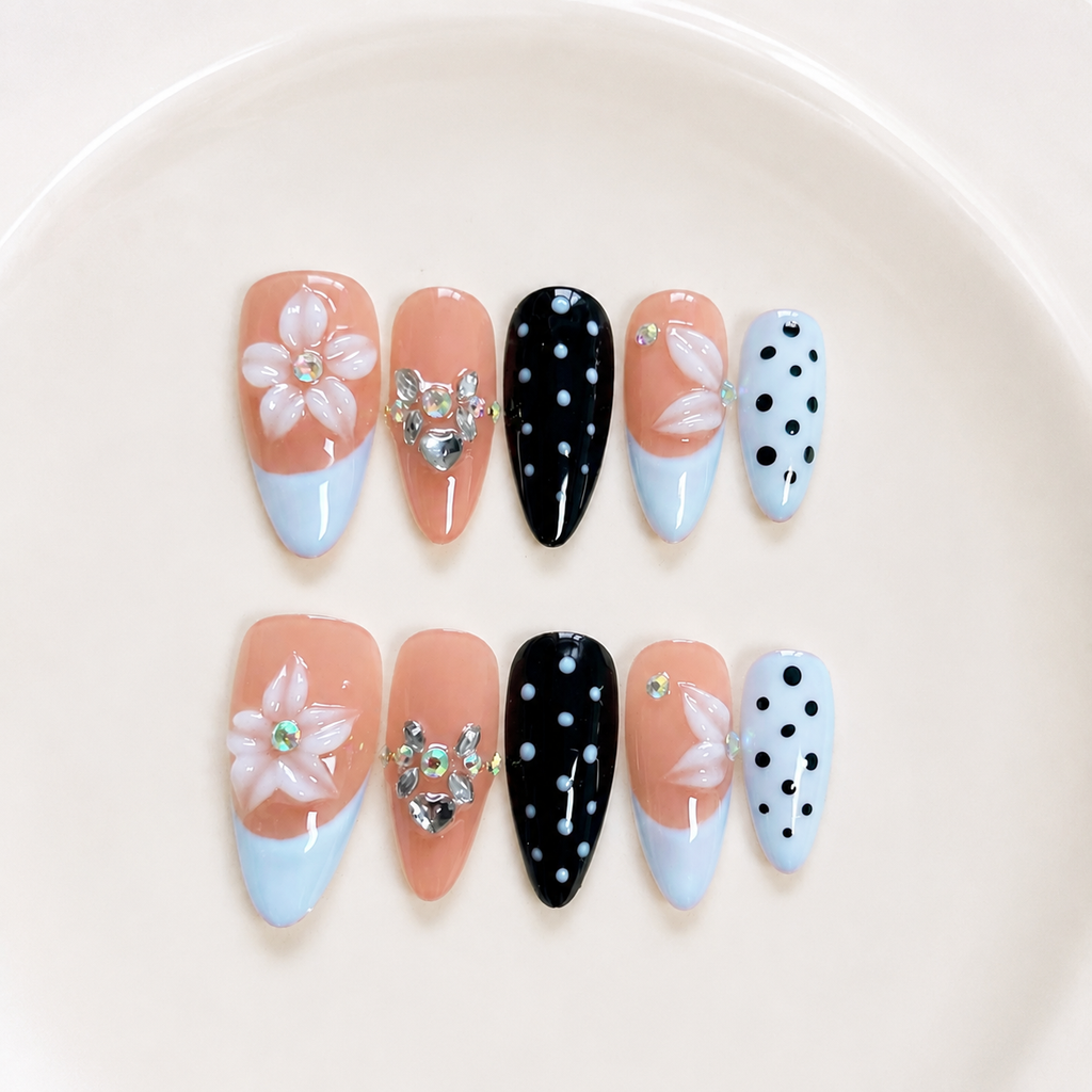 Handmade Press On Nails Medium Almond Nude Base with Blue French Tip & Polka Dot Accent 3D Floral Design Detail-Soft Color Dots A069