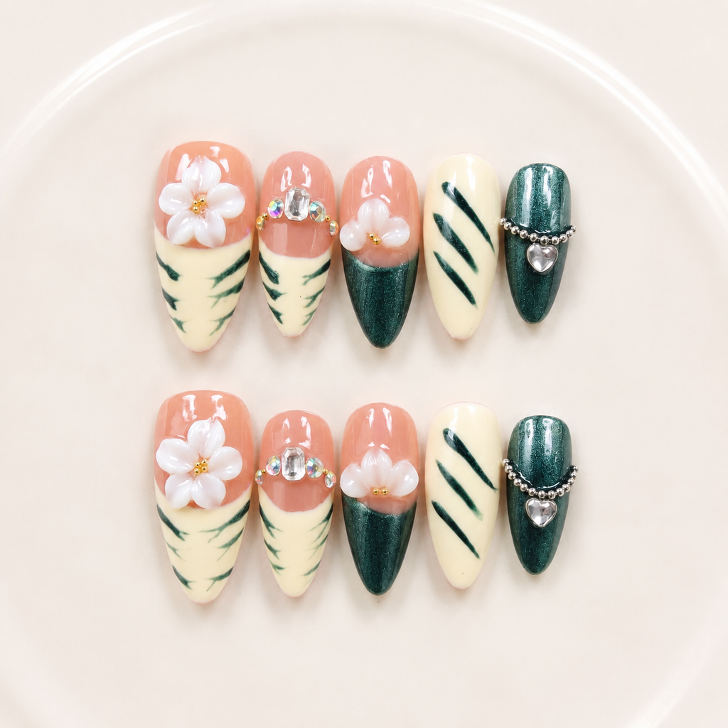 Handmade nails medium almond nude base with deep emerald green cat eye french tip 3D floral design chain detail-Forest Bloom A072