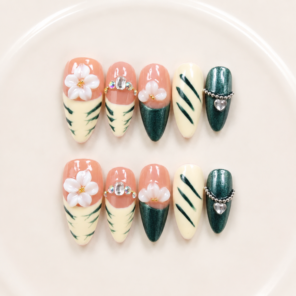 Handmade nails medium almond nude base with deep emerald green cat eye french tip 3D floral design chain detail-Forest Bloom A072