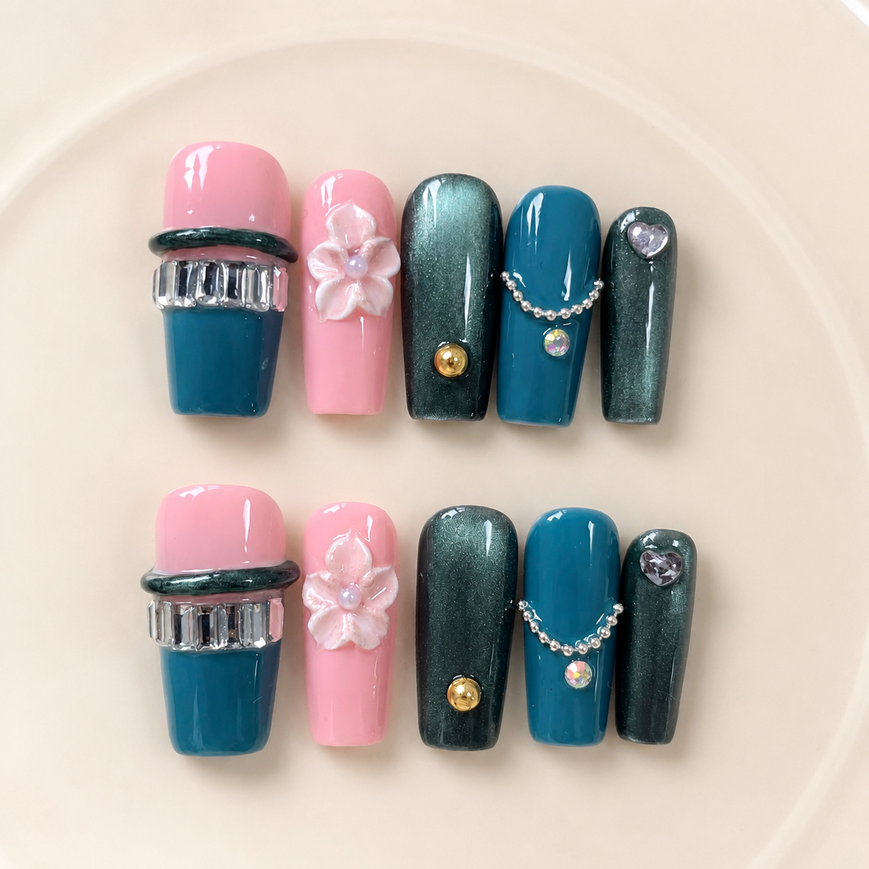 Handmade nails medium coffin nude base with deep emerald green cat eye french tip 3D floral design chain detail-Coral Teal A073