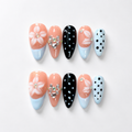 Handmade Press On Nails Medium Almond Nude Base with Blue French Tip & Polka Dot Accent 3D Floral Design Detail-Soft Color Dots A069