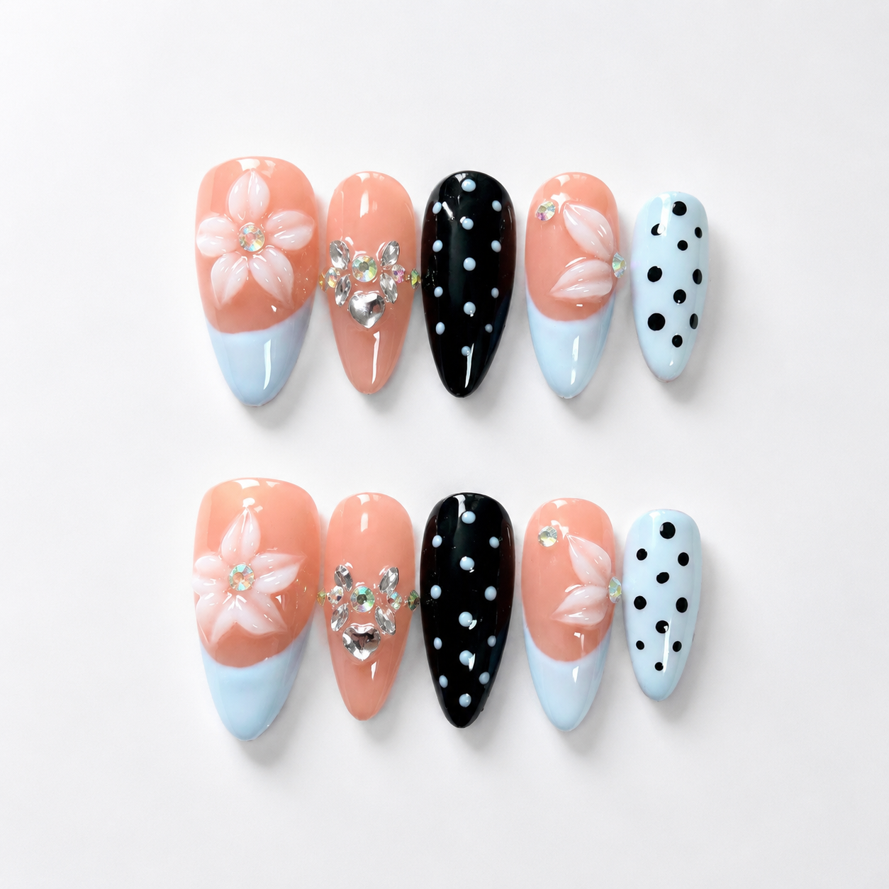 Handmade Press On Nails Medium Almond Nude Base with Blue French Tip & Polka Dot Accent 3D Floral Design Detail-Soft Color Dots A069