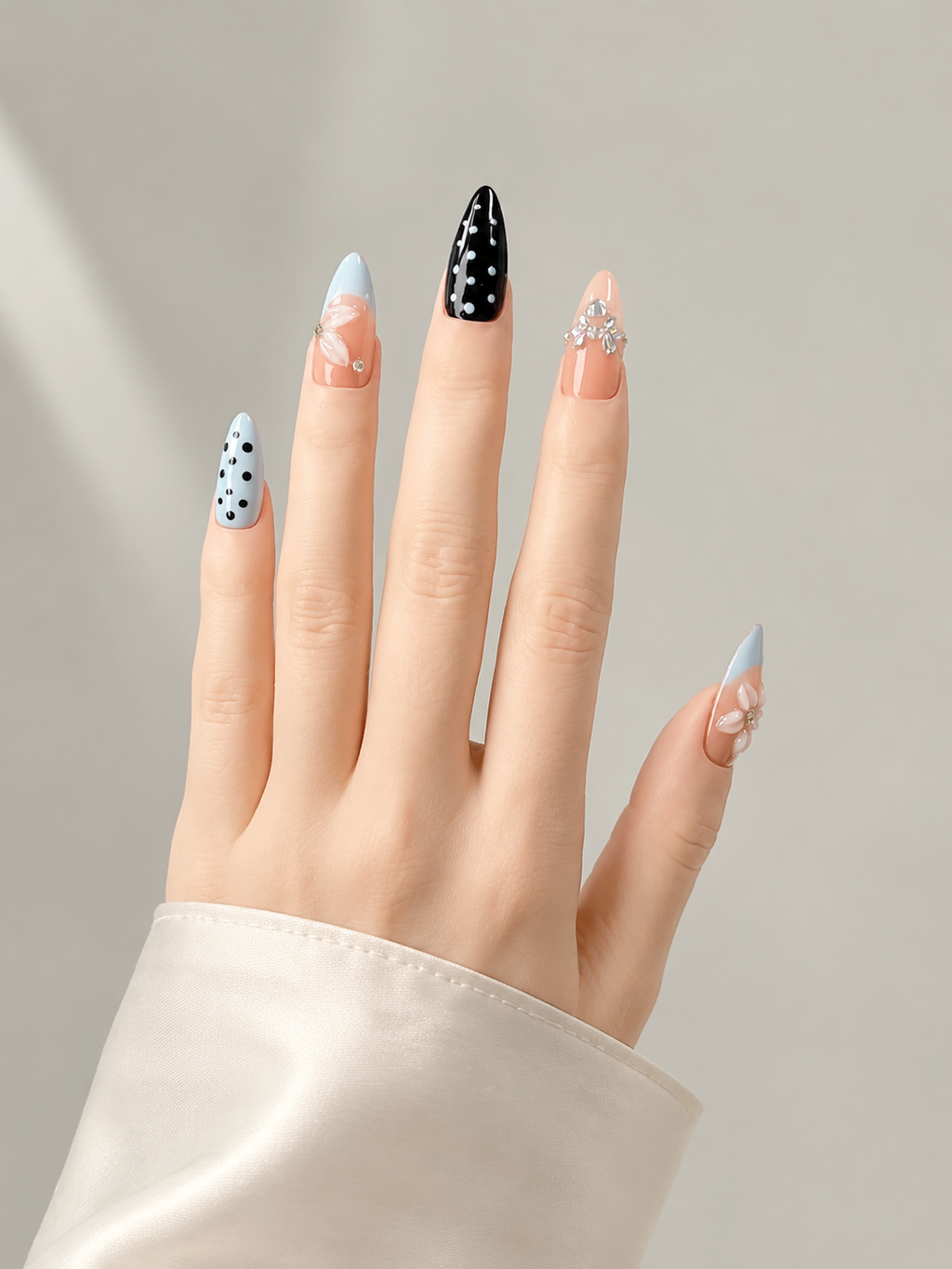 Handmade Press On Nails Medium Almond Nude Base with Blue French Tip & Polka Dot Accent 3D Floral Design Detail-Soft Color Dots A069