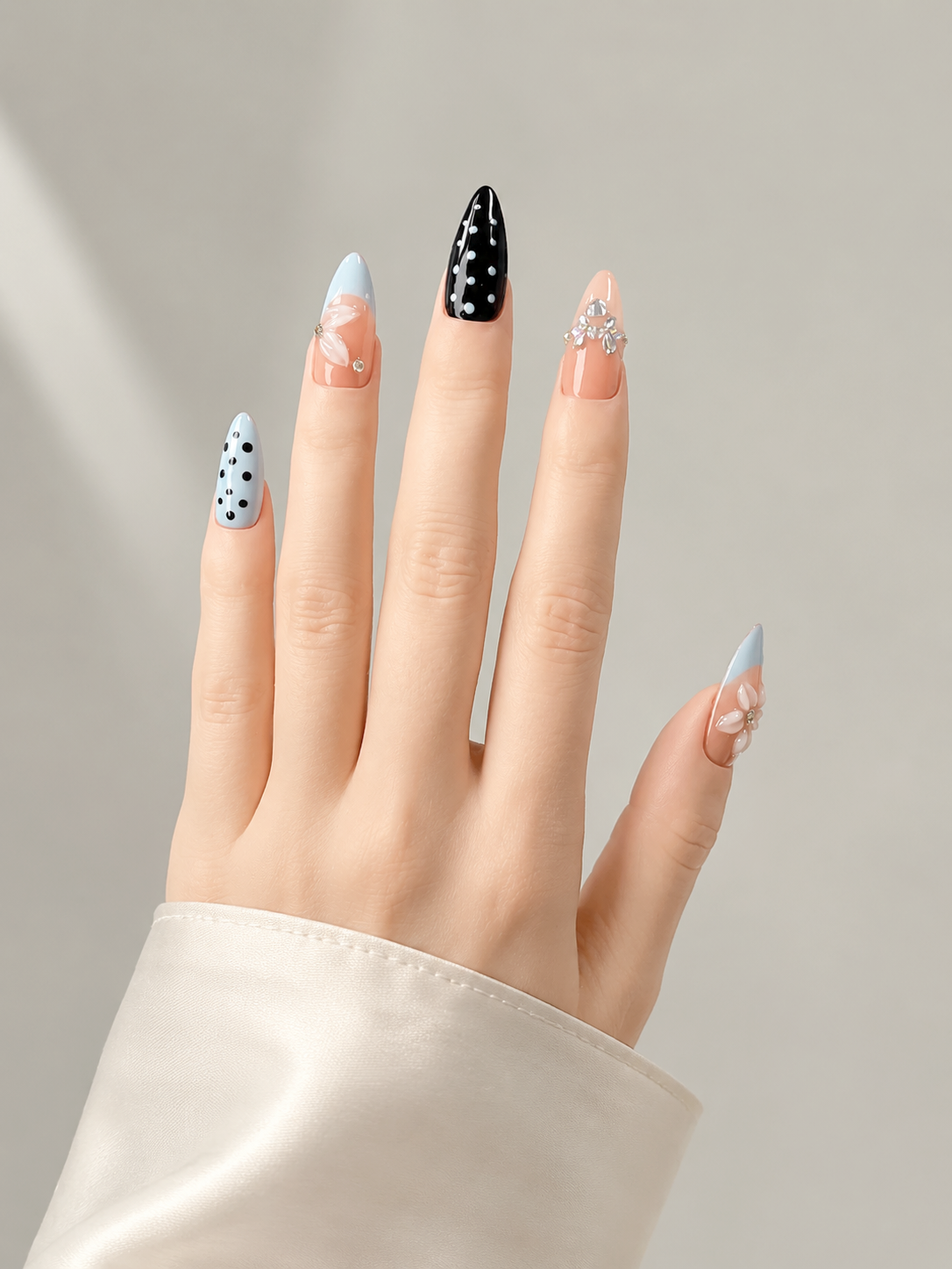Handmade Press On Nails Medium Almond Nude Base with Blue French Tip & Polka Dot Accent 3D Floral Design Detail-Soft Color Dots A069