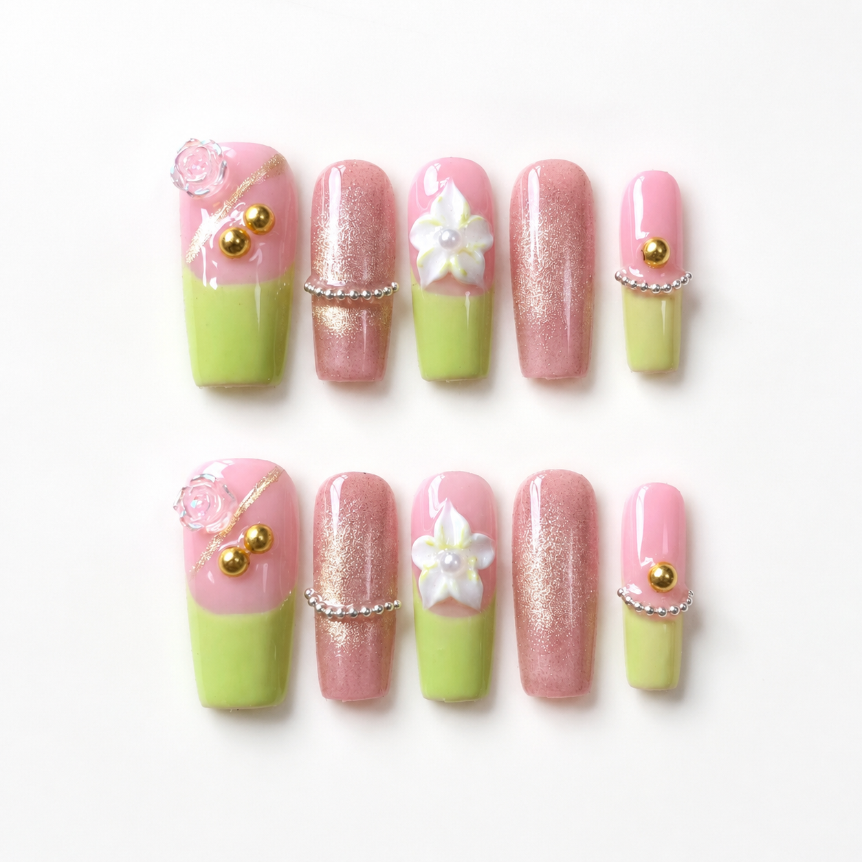 Handmade press on nails medium coffin Pink cat eye blush & lime green french tip 3D floral accent gold bead charm & glitter detail-Lime A067