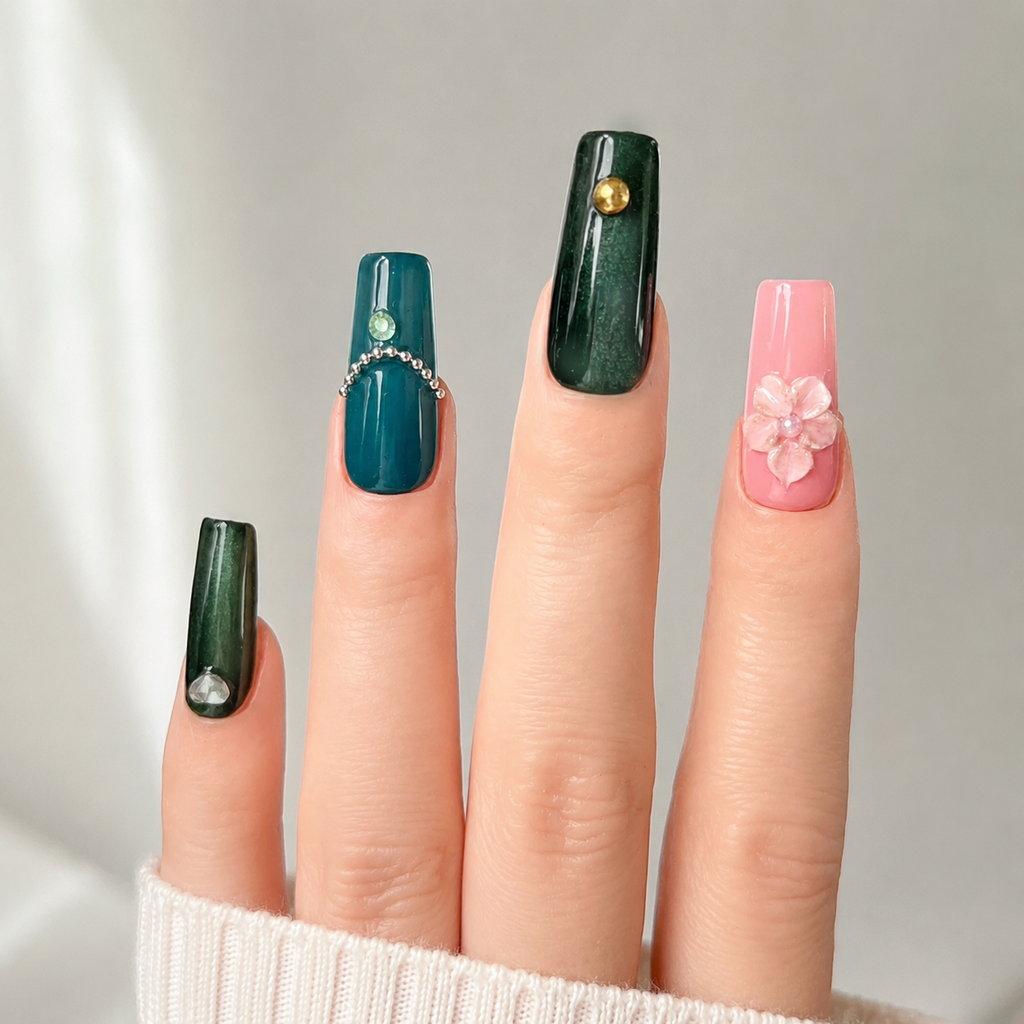 Handmade nails medium coffin nude base with deep emerald green cat eye french tip 3D floral design chain detail-Coral Teal A073