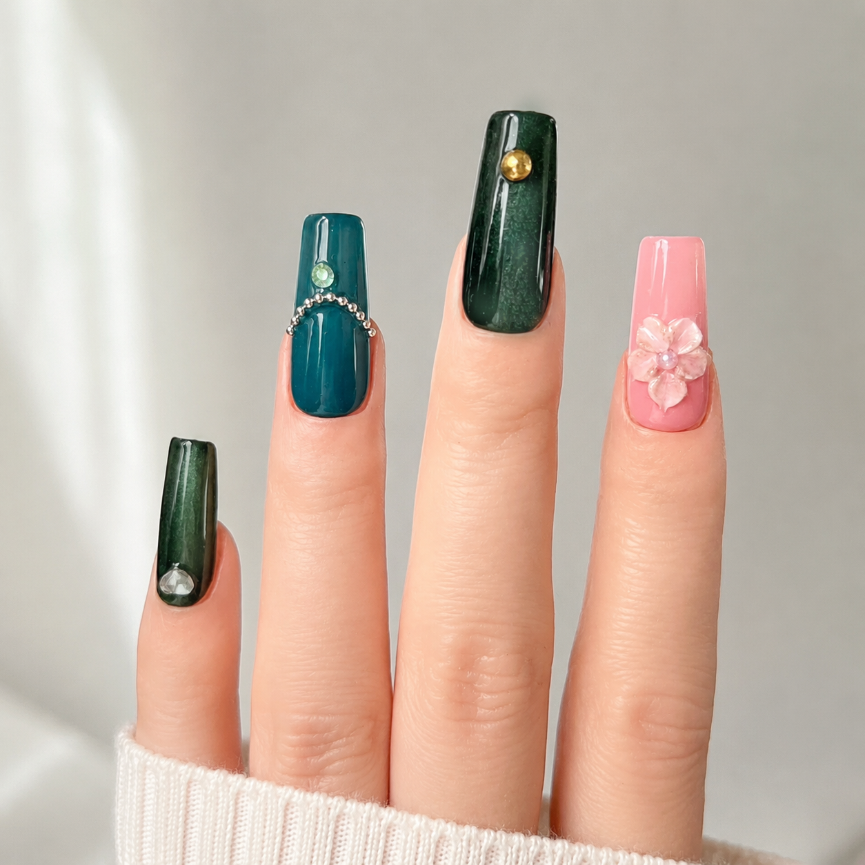 Handmade nails medium coffin nude base with deep emerald green cat eye french tip 3D floral design chain detail-Coral Teal A073