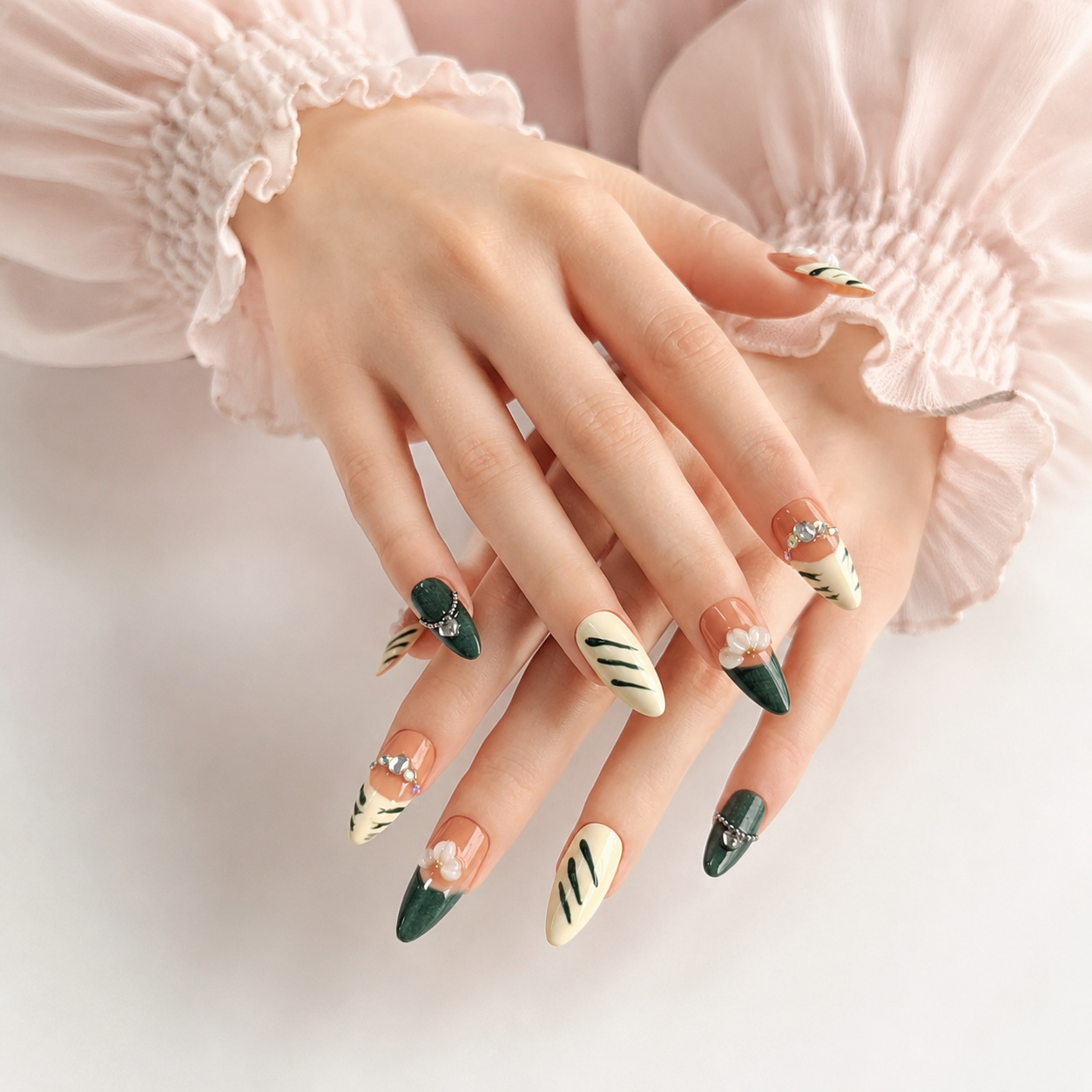 Handmade nails medium almond nude base with deep emerald green cat eye french tip 3D floral design chain detail-Forest Bloom A072