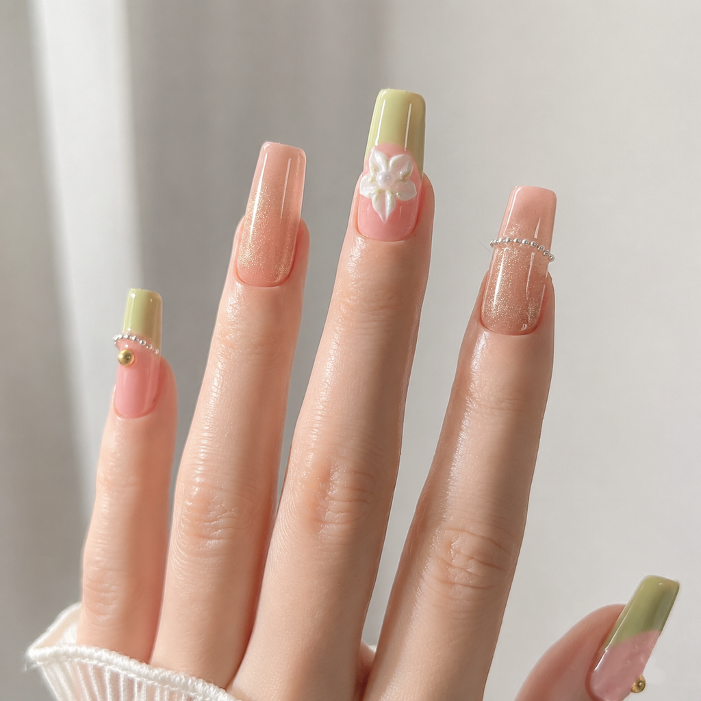 Handmade press on nails medium coffin Pink cat eye blush & lime green french tip 3D floral accent gold bead charm & glitter detail-Lime A067