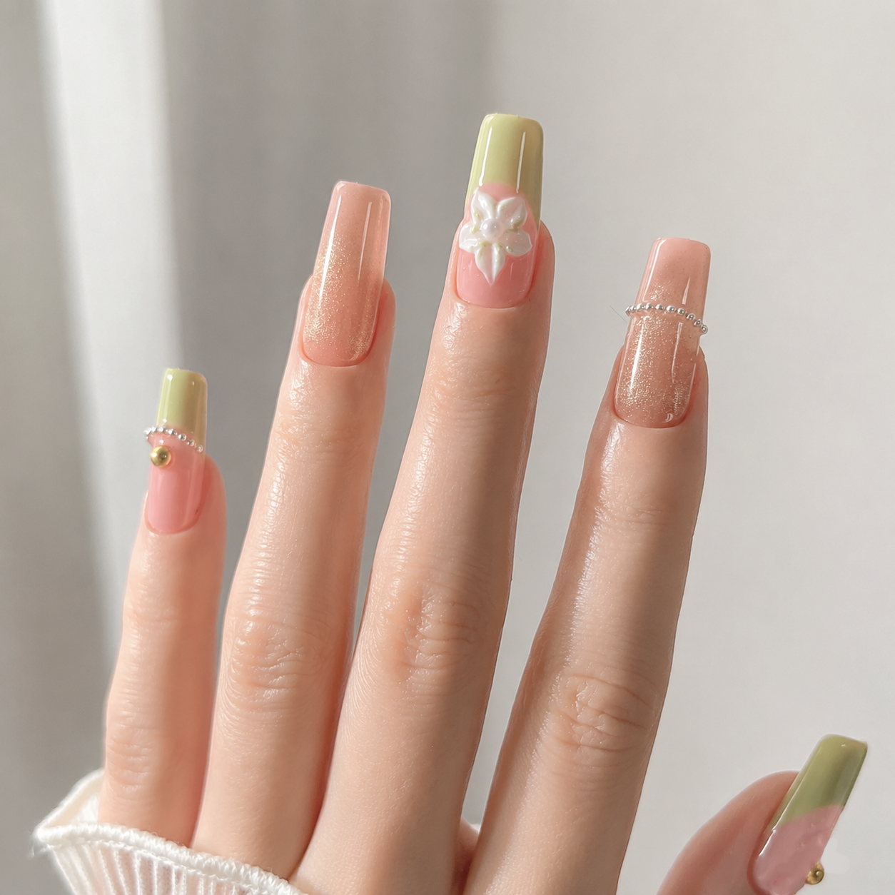 Handmade press on nails medium coffin Pink cat eye blush & lime green french tip 3D floral accent gold bead charm & glitter detail-Lime A067