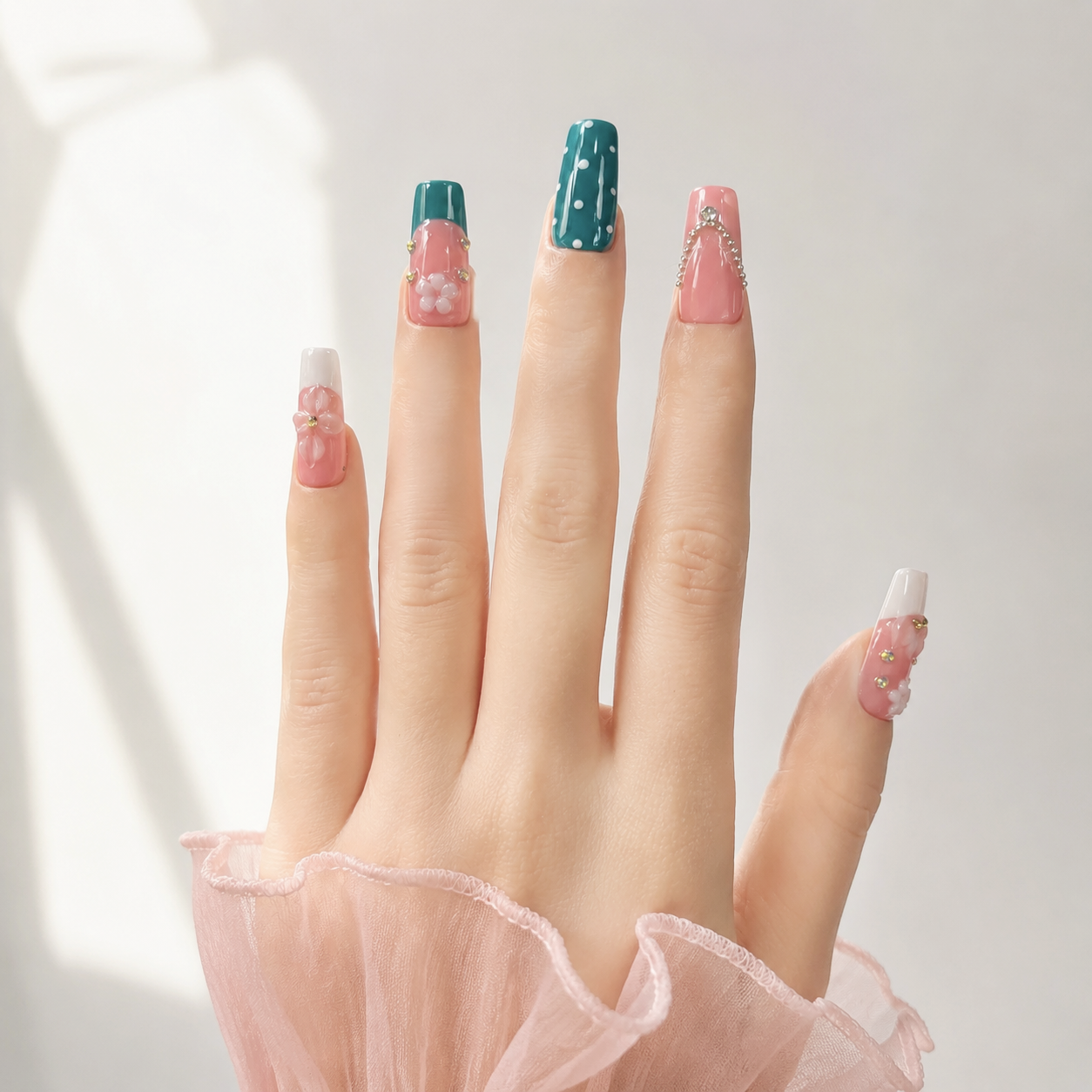 Handmade press on nails medium coffin nude pink base with blue polka dot accent 3D floral design-Coral Teal A071