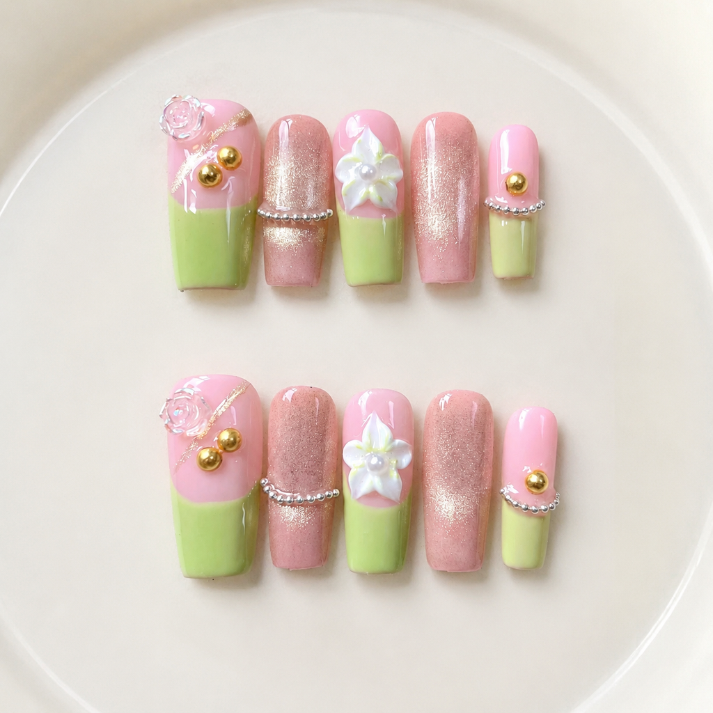 Handmade press on nails medium coffin Pink cat eye blush & lime green french tip 3D floral accent gold bead charm & glitter detail-Lime A067