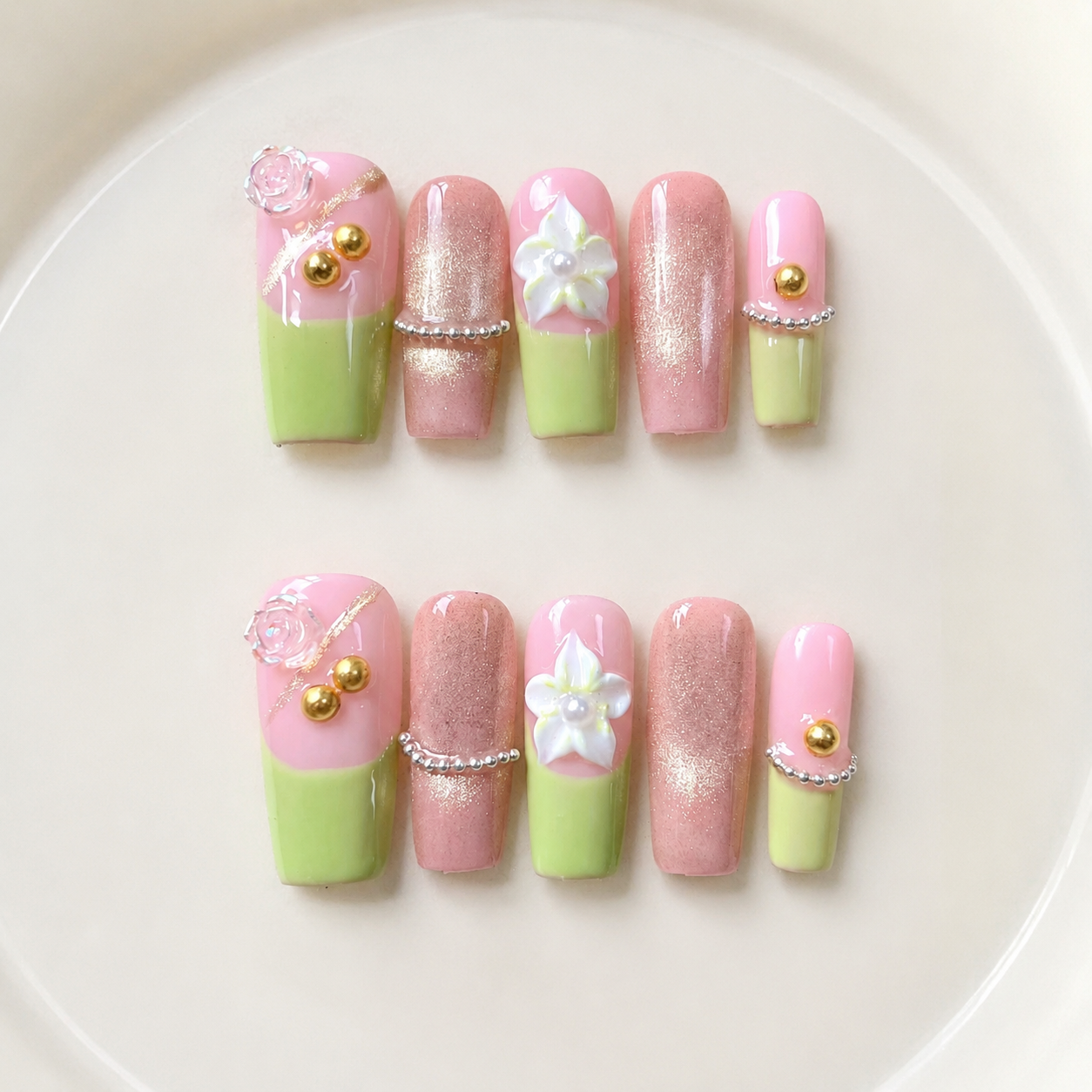 Handmade press on nails medium coffin Pink cat eye blush & lime green french tip 3D floral accent gold bead charm & glitter detail-Lime A067