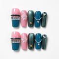 Handmade nails medium coffin nude base with deep emerald green cat eye french tip 3D floral design chain detail-Coral Teal A073