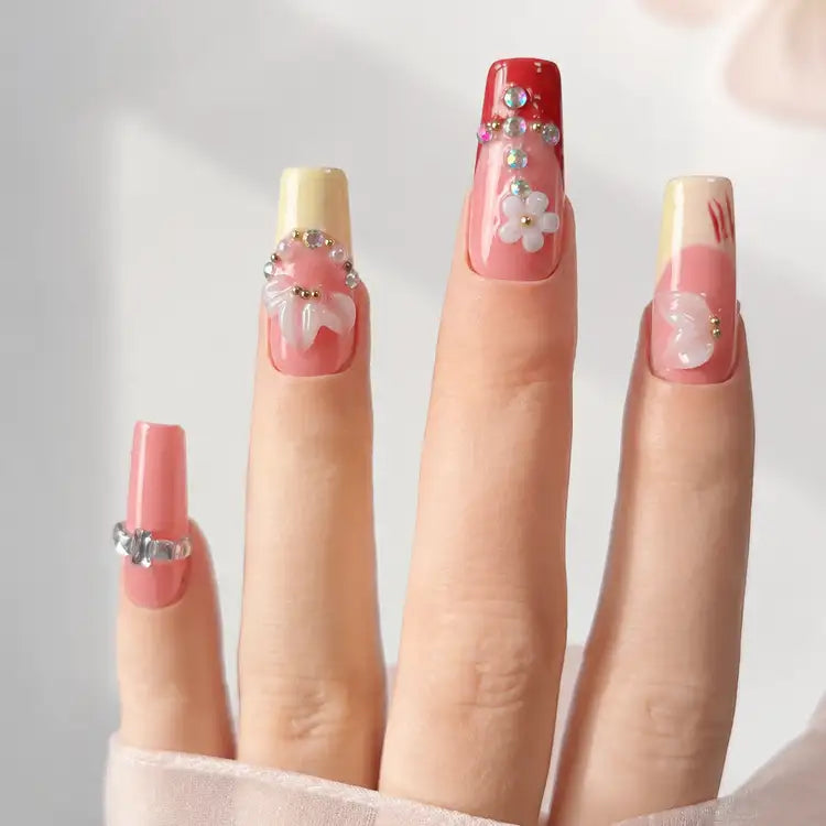 Handmade nude brown medium coffin press on nails french tip fake nails with 3D floral design autumn brown-Nude Blossom A070