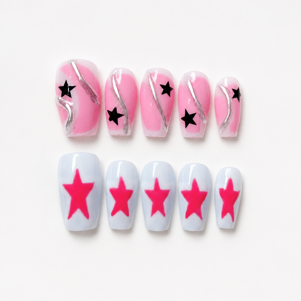 Handmade pink & grey blue star press on nails short coffin Y2K mismatched swirl design reusable glossy nail set-Twin Stars A080