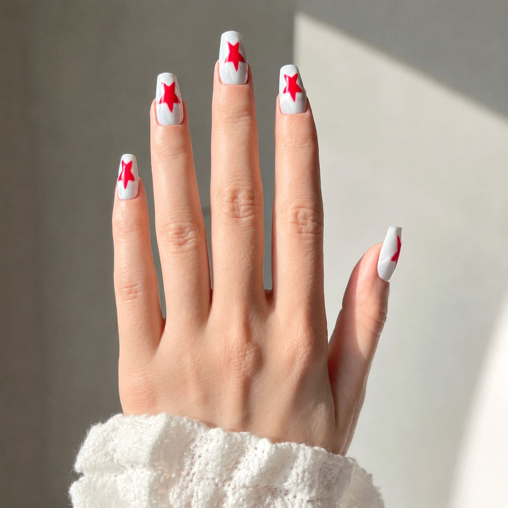 Handmade pink & grey blue star press on nails short coffin Y2K mismatched swirl design reusable glossy nail set-Twin Stars A080