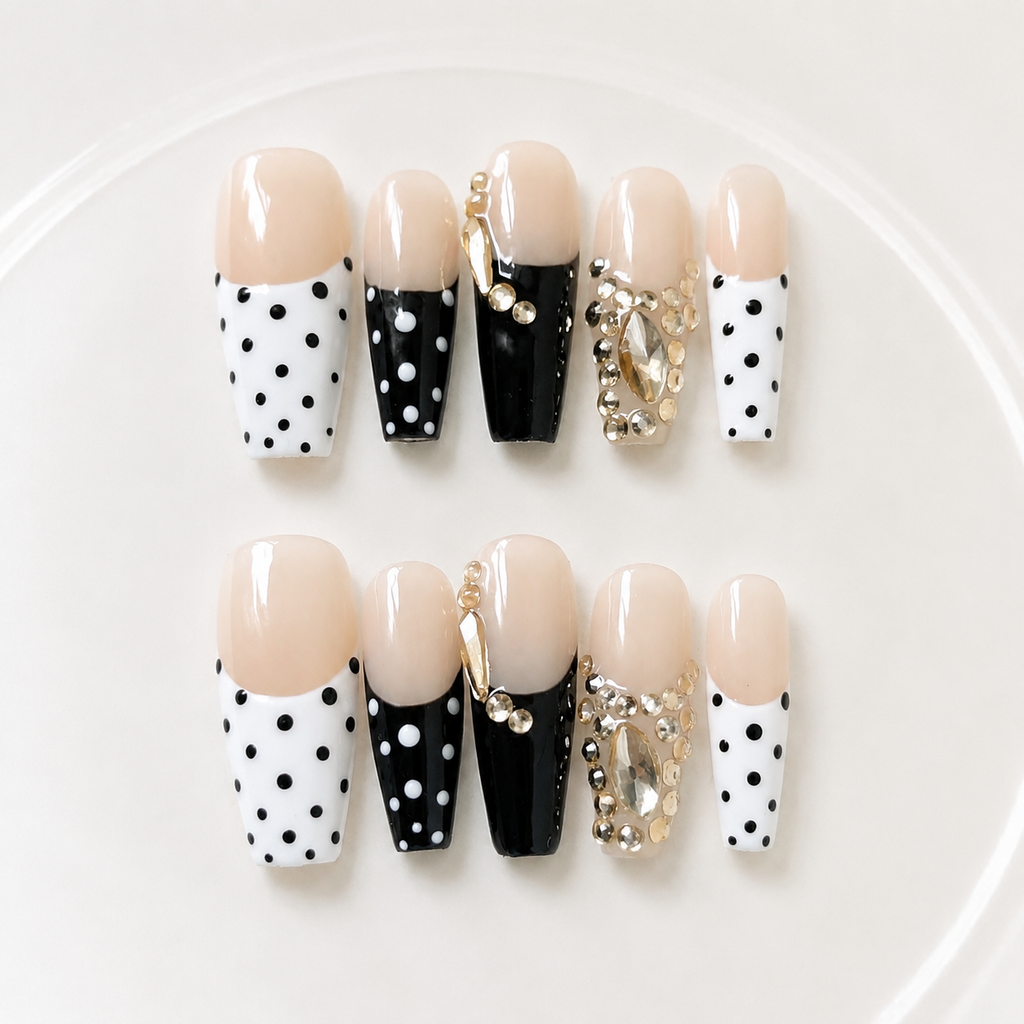 Handmade press on nails medium coffin nude base with black & white polka dot french tip gold rhinestone accent-Black and White Ball A077