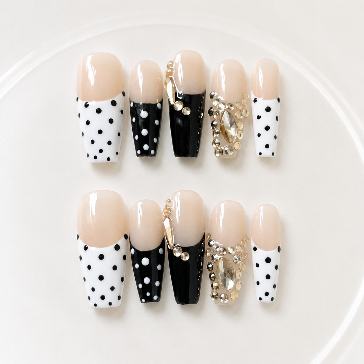 Handmade press on nails medium coffin nude base with black & white polka dot french tip gold rhinestone accent-Black and White Ball A077
