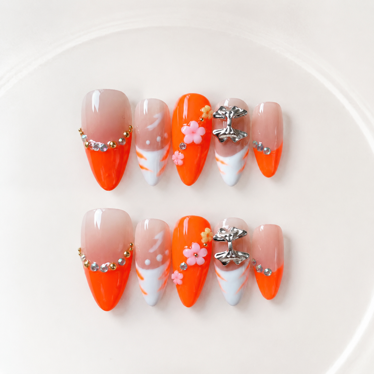 Handmade press on nails medium almond nude base with neon orange & white french tip rhinestone accent & 3D floral detail-Vibrant Orange A079