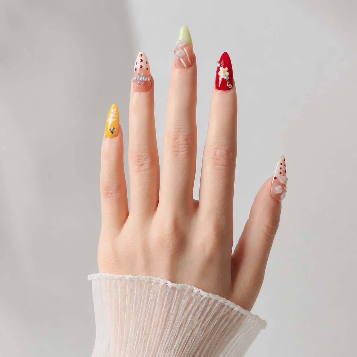 Handmade candy pop french graffiti press on nails 3D flower design medium almond-Daisy Pop Art A078