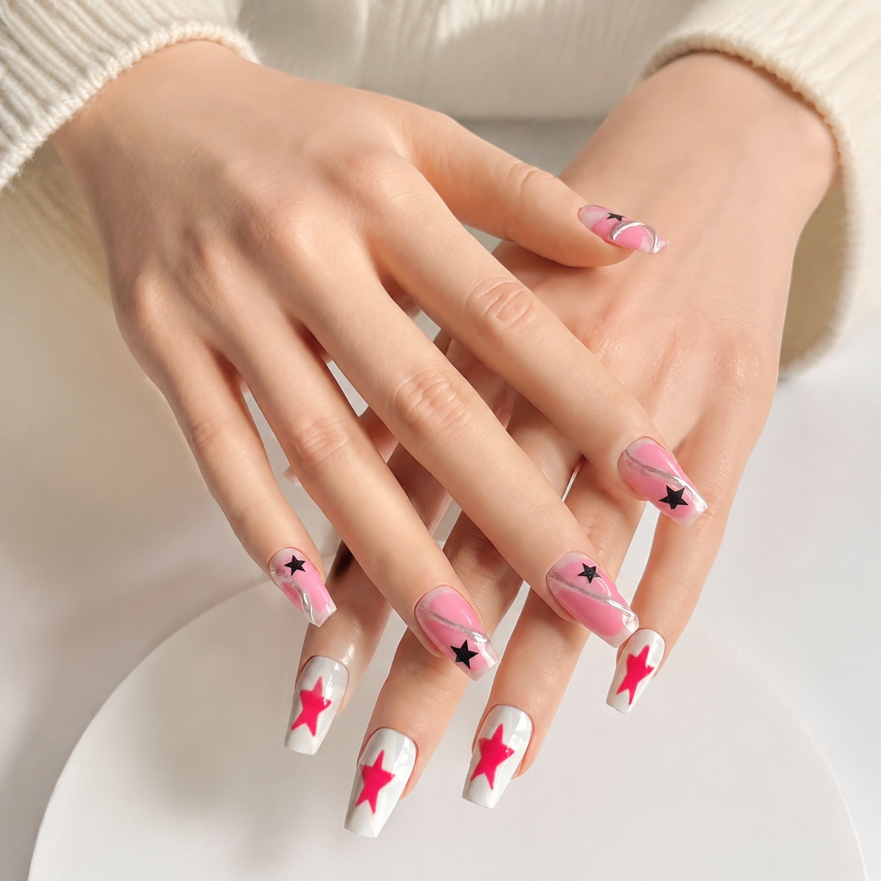 Handmade pink & grey blue star press on nails short coffin Y2K mismatched swirl design reusable glossy nail set-Twin Stars A080