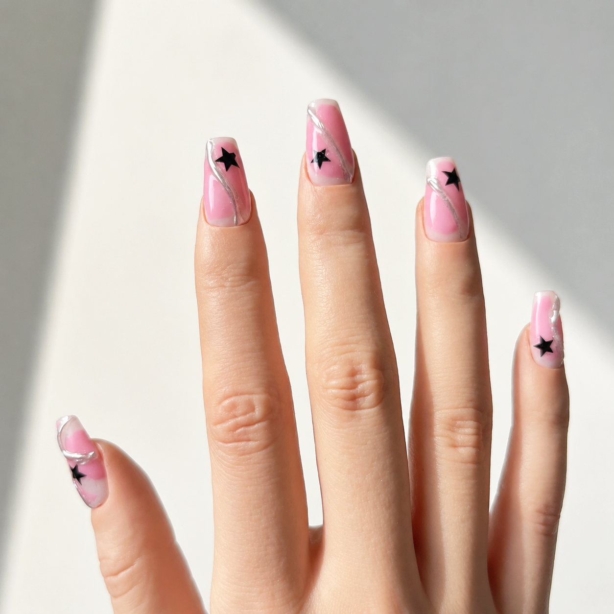 Handmade pink & grey blue star press on nails short coffin Y2K mismatched swirl design reusable glossy nail set-Twin Stars A080
