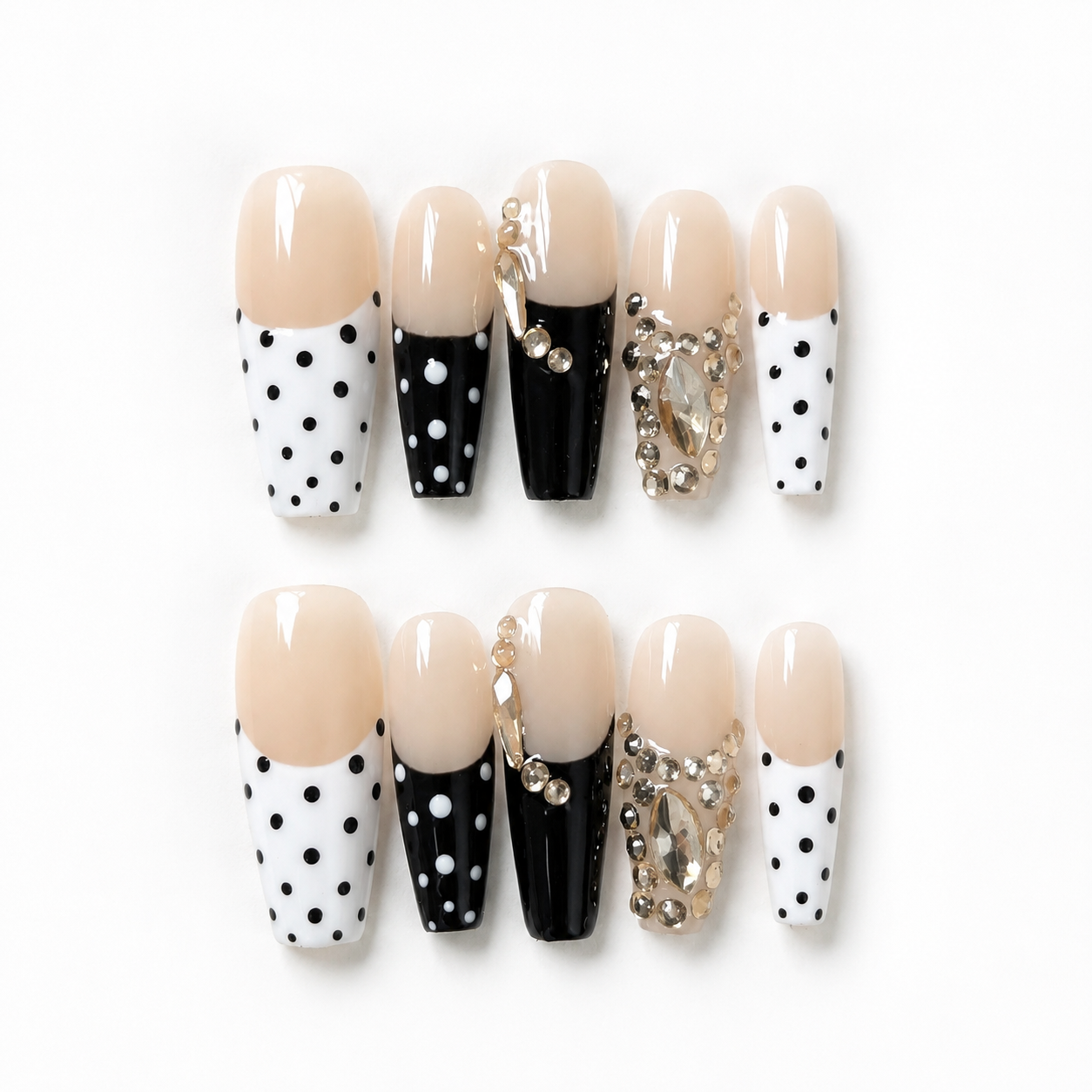 Handmade press on nails medium coffin nude base with black & white polka dot french tip gold rhinestone accent-Black and White Ball A077