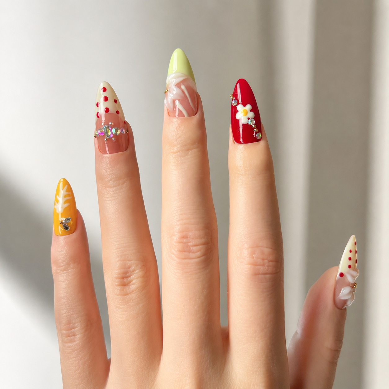 Handmade candy pop french graffiti press on nails 3D flower design medium almond-Daisy Pop Art A078