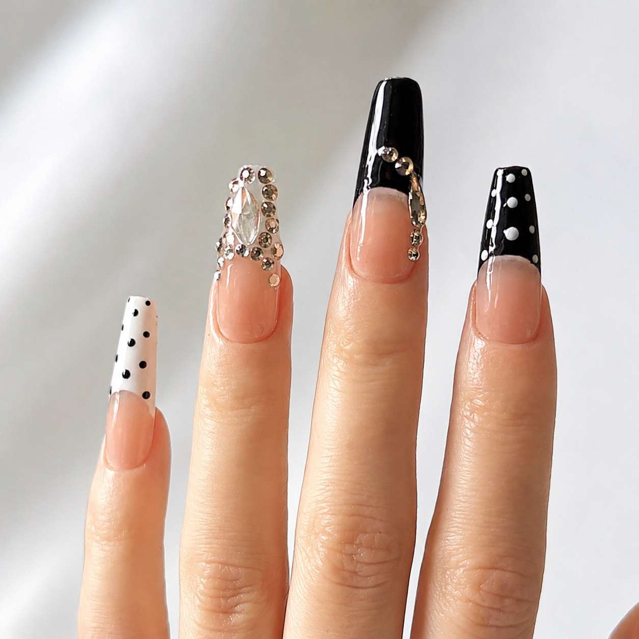 Handmade press on nails medium coffin nude base with black & white polka dot french tip gold rhinestone accent-Black and White Ball A077