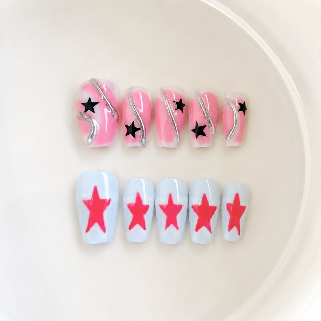 Handmade pink & grey blue star press on nails short coffin Y2K mismatched swirl design reusable glossy nail set-Twin Stars A080