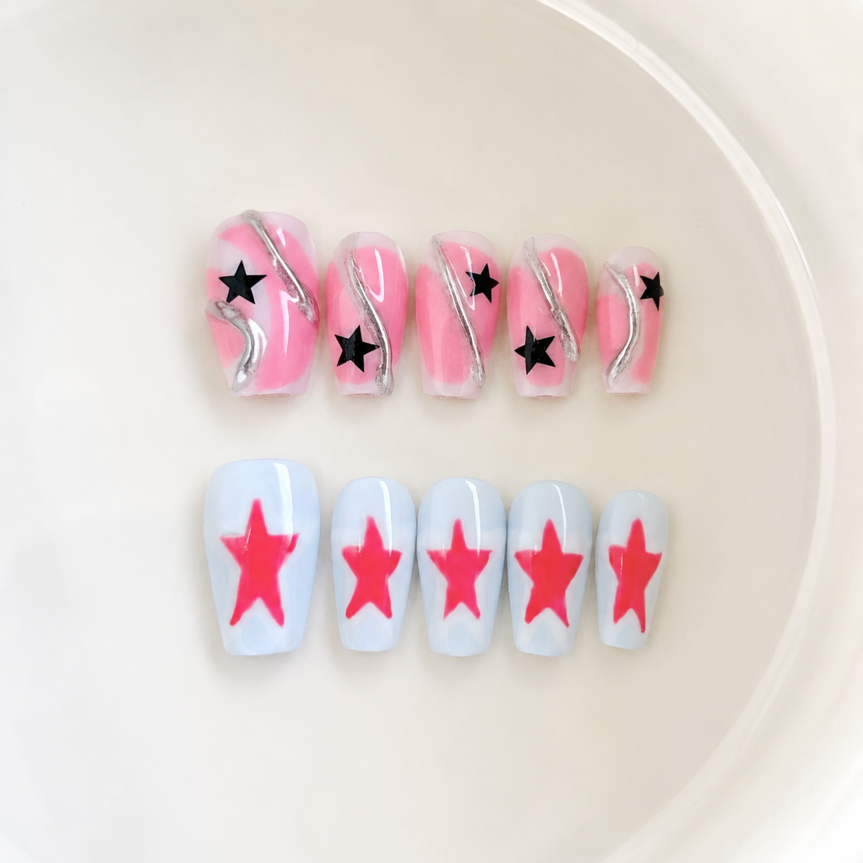 Handmade pink & grey blue star press on nails short coffin Y2K mismatched swirl design reusable glossy nail set-Twin Stars A080