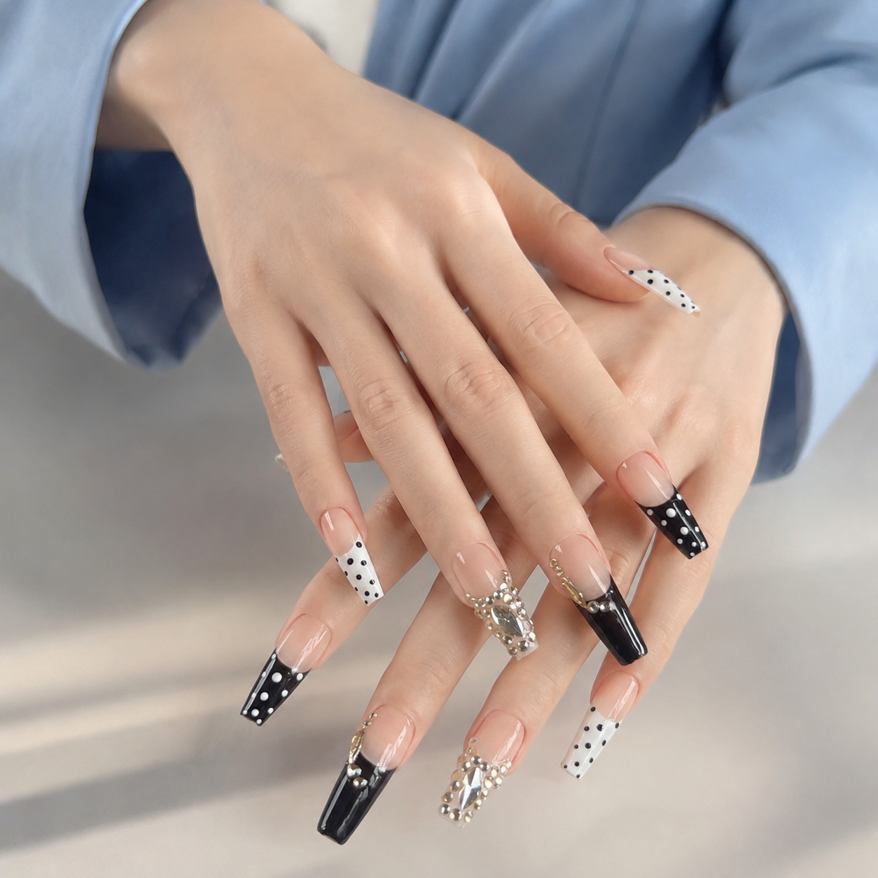 Handmade press on nails medium coffin nude base with black & white polka dot french tip gold rhinestone accent-Black and White Ball A077