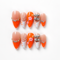 Handmade press on nails medium almond nude base with neon orange & white french tip rhinestone accent & 3D floral detail-Vibrant Orange A079