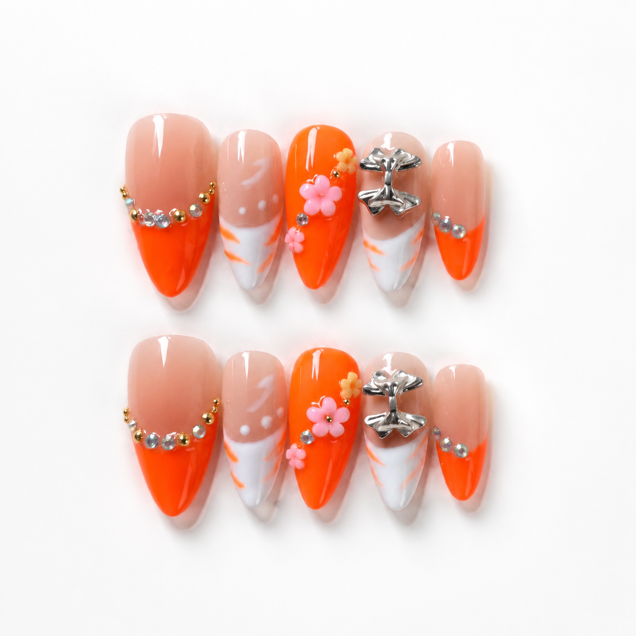 Handmade press on nails medium almond nude base with neon orange & white french tip rhinestone accent & 3D floral detail-Vibrant Orange A079