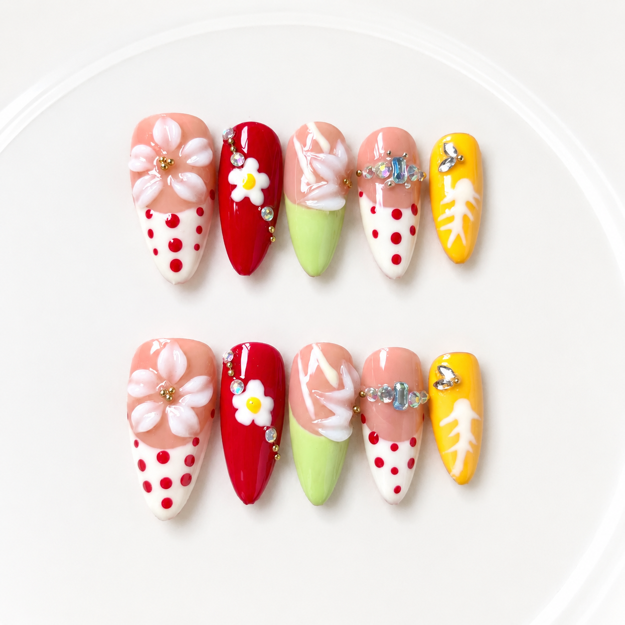 Handmade candy pop french graffiti press on nails 3D flower design medium almond-Daisy Pop Art A078