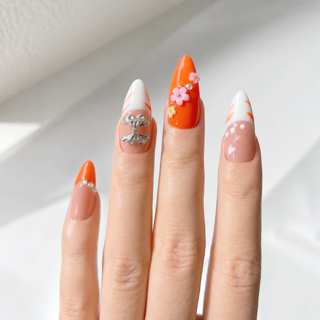 Handmade press on nails medium almond nude base with neon orange & white french tip rhinestone accent & 3D floral detail-Vibrant Orange A079