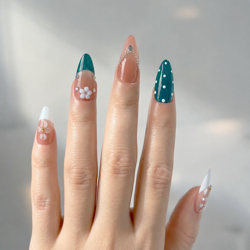 Handmade press on nails medium almond nude pink base with blue polka dot accent 3D floral design-Coral Teal A083