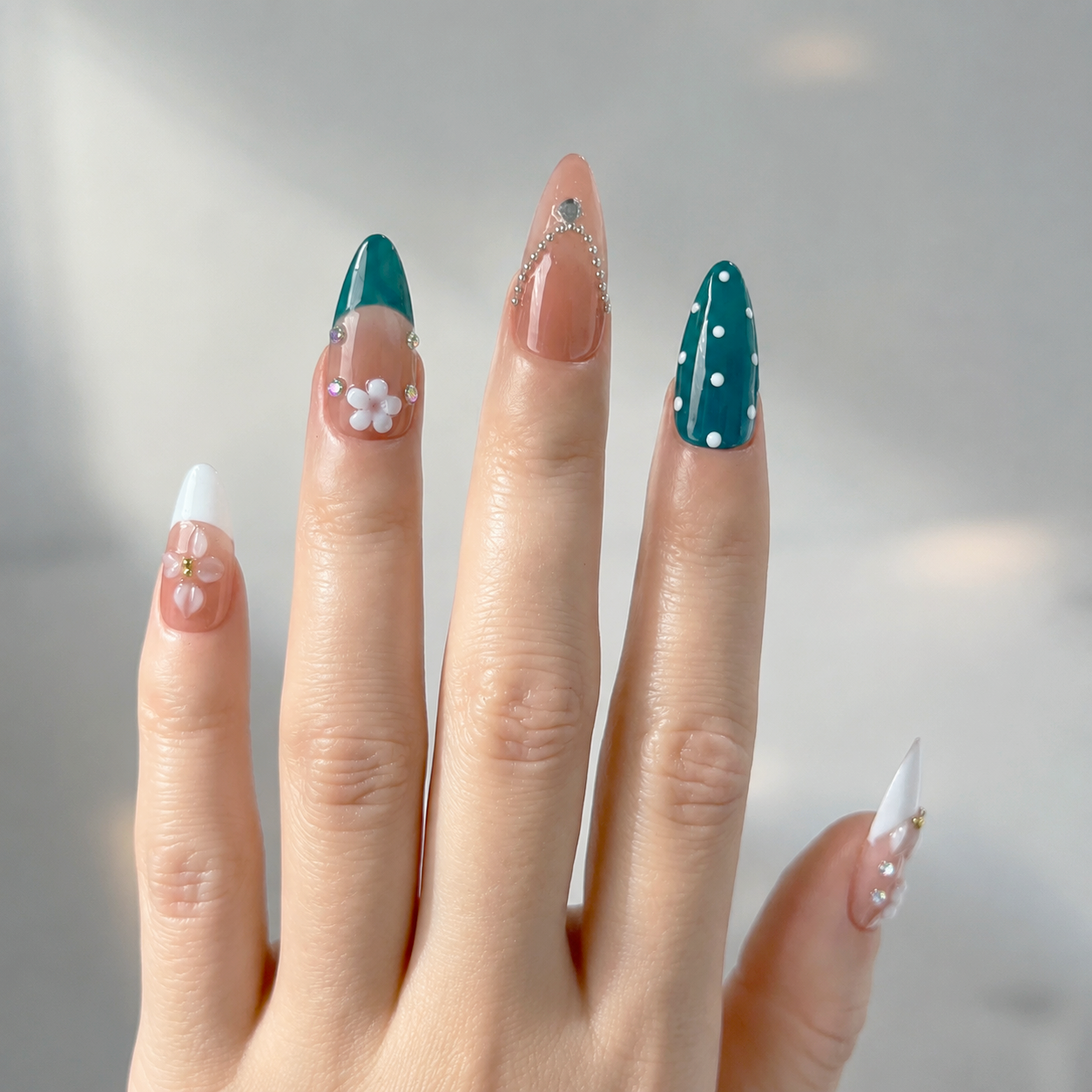 Handmade press on nails medium almond nude pink base with blue polka dot accent 3D floral design-Coral Teal A083