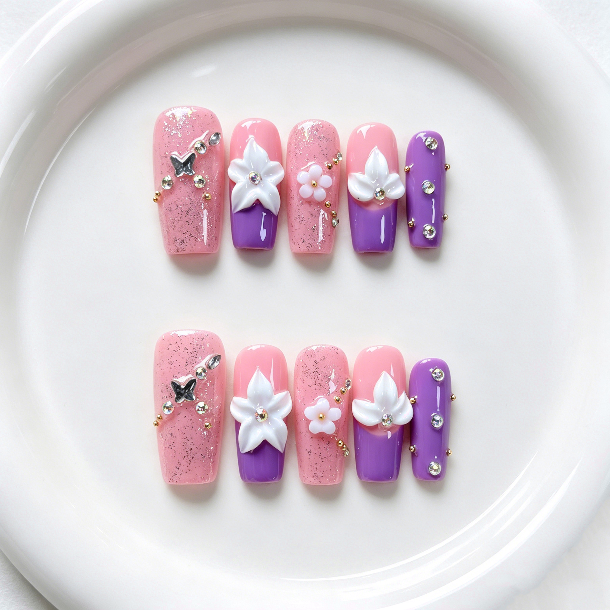 Handmade purple french tip 3D flower press on nails medium coffin rhinestone nude set set-Soft Violet A086