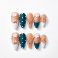 Handmade press on nails medium almond nude pink base with blue polka dot accent 3D floral design-Coral Teal A083